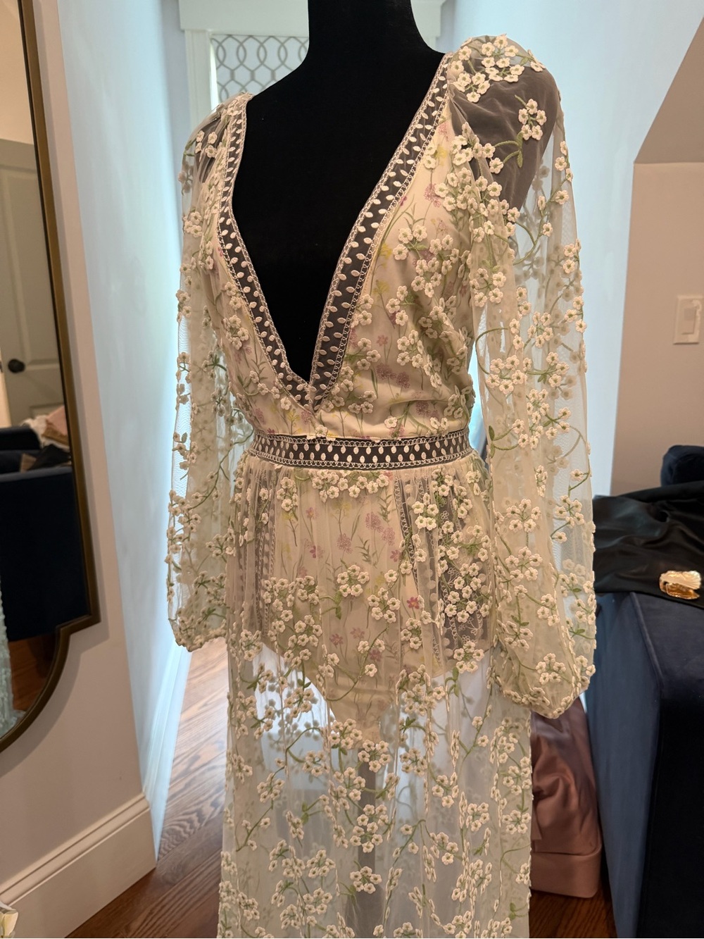 For Love & Lemons Pale Blue Floral Embroidered Sheer Maxi Dress - Picture 3 of 4